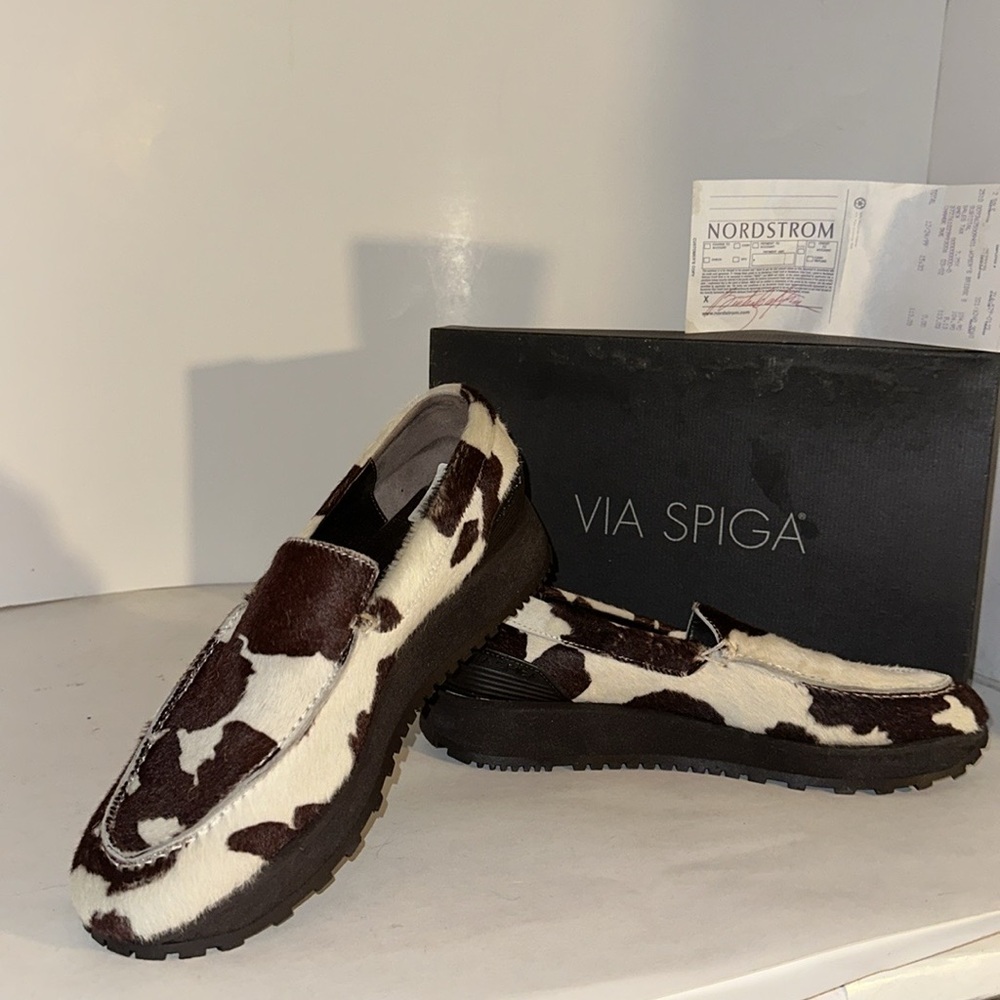New VTG Via Spiga NOBLE 9.5 Cow Print Platform Loafers Western Y2K Brown & White